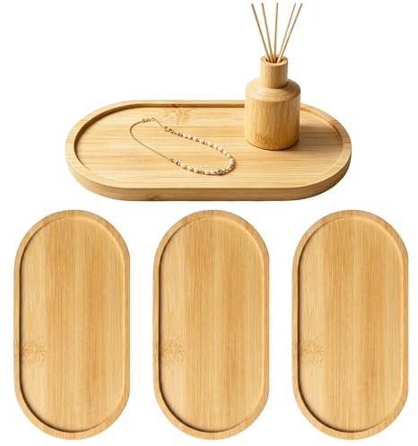 4 Piezas Bandejas Madera Ovaladas Mini, Unidades Ovalada de Madera | 17.5×8.8cm Bandejas de Bambú Ovaladas, Bandeja Pequeña de Bambú, para Pan, Postre, Galletas, Té, Café y Pasteles, Suculentas