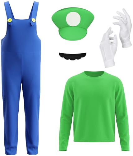 BSBUY Super Brothers Cosplay Kostüm, 5 Pcs Cosplay mit T-Shirt Mütze Hose Bart Handschuhe Super-Brüder Wario Kostüm Set Männer Damen Erwachsene Outfit Kostüm für Karneval Party Faschingskostüme