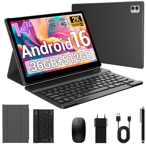 MIVASOLO Tablet 14 Pollici Android 16 tablet con sim/5G WiFi,Octa-Core 2.0Ghz,36GB RAM+512GB ROM/11580mAh/Face Unlock/OTG/GPS-Tablets in Offerta con Tastiera e Mouse,Nero