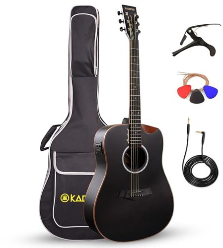 Kadence SH04-C Slowhand Elektroakustische Gitarre, 104,1 cm, Dreadnought Demi Cutaway, schwarzes Fichtenholz, integrierter Tonabnehmer + 2-Band-EQ, inklusive Tasche, Kapodaster, Saiten, Kabel