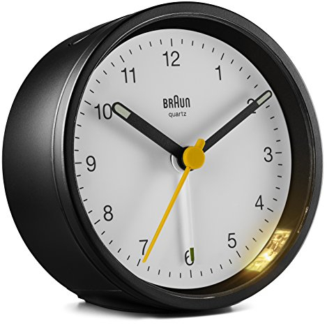 Braun Classic Analogue Alarm Clock with Snooze and Light, Quiet Quartz Movement, Crescendo Beep Alarm in Black and White, model BC12BW.