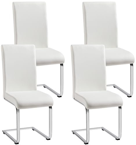Yaheetech Lot de 4 Chaises de Salle à Manger Cuisine Siège Plus épais de 10 cm Piètement Acier Chromé Revêtement en Similicuir 50 cm de Hauteur Assise Blanche