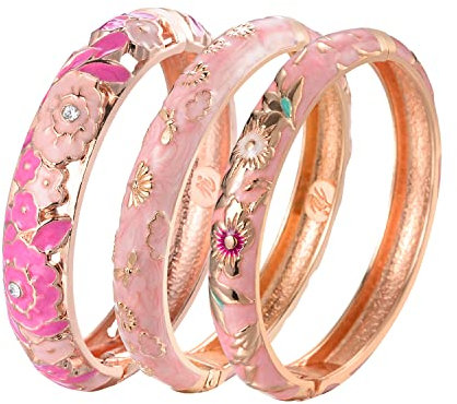 UJOY Vintage Cloisonne Bangle Exquisited Flower Enameled Open Cuff Bangle Thin Wrist Bracelet for Women, 3PCS Rose gold bracelet for women, Pink Mum Bracelet