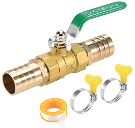 sourcing map Ball Valve Shut-Off Valve, 25mm Hose Barb to 25mm Hose Barb, Pipe Tube Fittings, 90 Degree Operation Handle, Brass Valve with Hose Clamps and Thread Seal Tape, 1 Set