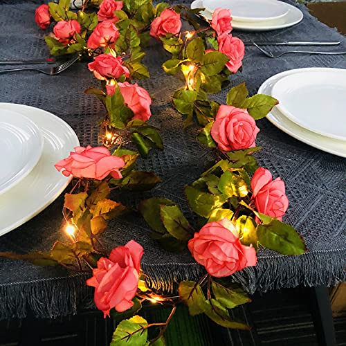 Riaxuebiy Künstliche Rose Blumen Lichterketten LED Blumen Reben Girlande 17 Blumen Fee Lampe Kranz Batterie Angetrieben für Weihnachten Hochzeitsfeier Dekoration (Herbst-Rose)