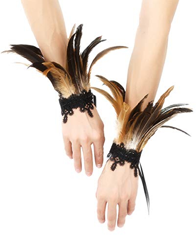 MSemis 2 Pcs Gothic Feder Manschetten Rabe Hexe Priesterin Kostüm gefärbte Hahnfeder Armbänder mit Druckknopfverschluss Party Halloween Cosplay A Braun One Size