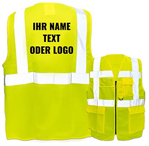 Warnweste mit Reißverschluss und Taschen * Druck auf Rücken/Standard-Druck * Farbe & Größe: Gelb/Größe 4XL * Aufdruck selbst gestalten * Bedruckt mit Design Foto Text Logo