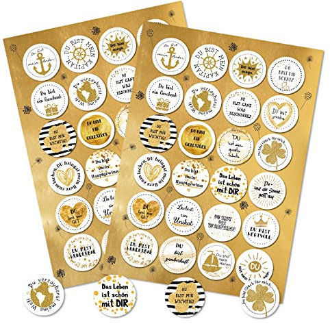 Spruchaufkleber, 48er Set: Runde Sticker mit Sprüchen, Aufkleber Rund, Spruch Liebe & Freundschaft, Geschenkaufkleber Sprüche, Zum Aufkleben, Erwachsene & Kinder, Geschenk Geburtstag, Gold, ⌀ 4 cm