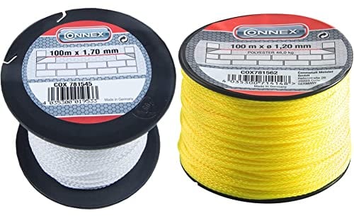 Connex Maurerschnur weiß - 100 m Länge - Ø 1,7 mm - Polypropylen geflochten - COX781545 & Maurerschnur gelb - 100 m Länge - Ø 1,2 mm - Polyester geflochten - COX781562
