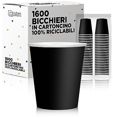 cubex professional 1600 Bicchieri in cartoncino da 75 ML Neri, per Caffè, Acqua, Bevande Calde e Fredde, 100% Riciclabili