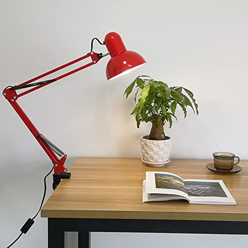 lampada da tavolo con morsetto, braccio in metallo rosso, snodabile e regolabile,LED Lampada da Comodino Protezione degli Occhi per Lettura, Studio, Ufficio (Lampadina E27 non Inclusa)