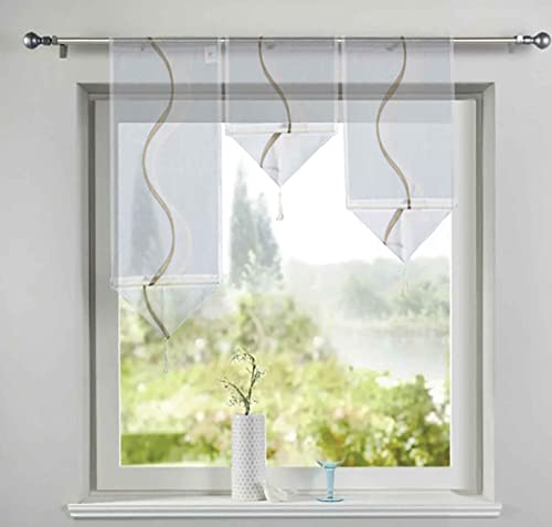 Gardinenbox Scheibengardinen 3er Set Scheibenhänger Taupe HxB 40-60-80x30 cm Dreieck Abschluß Quaste mit Beschwerungsstange, 2022200
