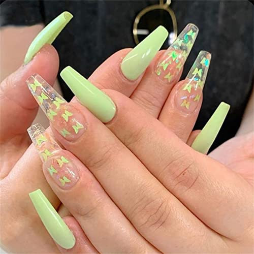 Coffin False Nails Long Ballet Full Cover Glue Included Press on Nails 24 Pieces Light Green Butterfly Nail Art Tip with Box for Nail Salons and Women DIY Nail Art