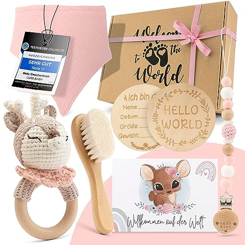 LUXS BABY Baby Geschenk Mädchen [6-Teilig] für Neugeborene | Handmade Spielzeug, Dreieckstuch, Meilensteinkarte, Rassel, Bürste | Geschenk zur Geburt, Babyparty