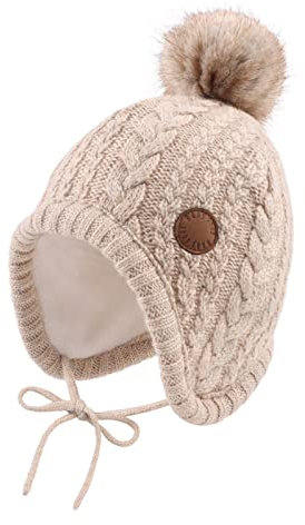 XIAOHAWANG Cappello Invernale per Neonati con Fodera in Velluto per Bambini Beanie per Bambini Earflap Caldi Cappelli per Bambino per Ragazze con Pompon (Beige, 3 Anni)