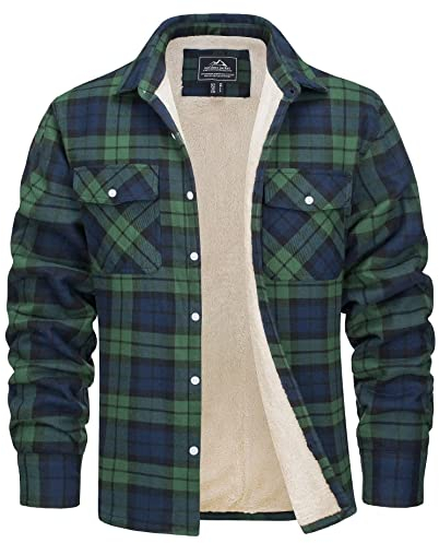 MAGCOMSEN Herren Plaid Fleecejacke Kariertes Hemdjacke Warm Gefüttert Holzfällerhemd Herren Dick Karohemd Baumwolle Arbeitshemd Winter Flanellhemd Button-Down Mantel Grün XXL