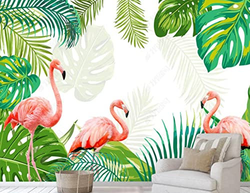 Papier Peint Panoramique 3D Flamant Rose De Plante Tropicale Dessiné À La Main Décoration Murale Trompe L'Oeil Salon Chambre Art Mural 150(W)X105(H)Cm
