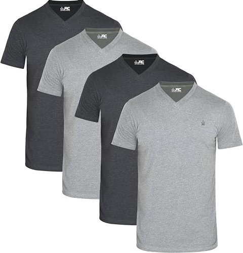 JRC Just Royal Clothing Pack of 4 Mens Short Sleeve V-Neck T-Shirts, Casual Vee Neck Tops (Heather Grey, Charcoal, L)
