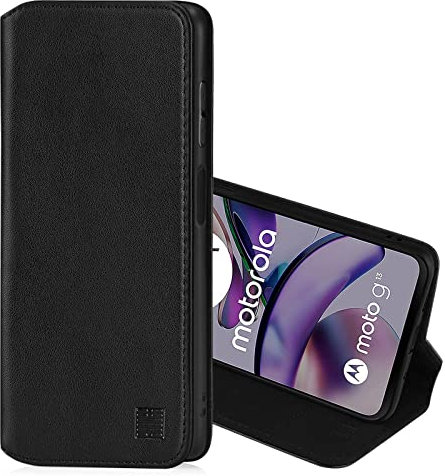 32nd Classic Series 2.0 - Real Leather Book Wallet Flip Case Cover For Motorola Moto G13 & G23, With RFID Blocking Card Slot, Magnetic Closure and Built In Stand - Black