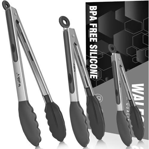 Walfos 600 Grad hitzebeständige Silikonzange zum Kochen – Küchenzangen mit Silikonspitzen, Set mit 3 Größen Lebensmittelzangen (17,8 cm, 22,9 cm und 30,5 cm, Dunkelgrau)
