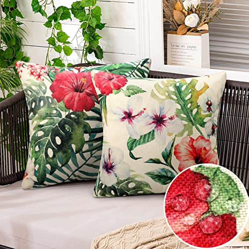 2er Set Wasserfeste Kissenbezüge 40x40 cm Outdoor Kissenbezug Sommer Tropisch Grüne Blätter Gedruckte Kissenhülle Leinen Modern Kopfkissenbezug Dekorativ für Couch Auto Schlafzimmer (Bunt floral)