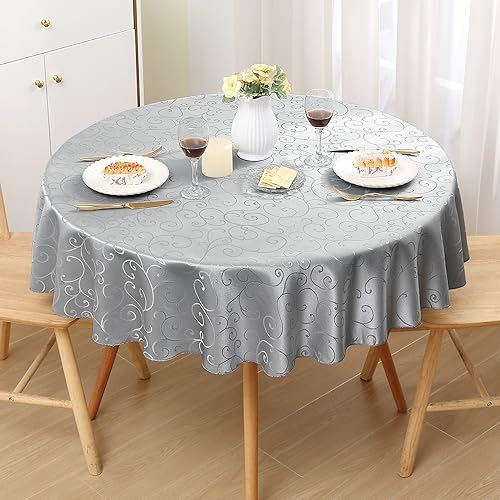 Homaxy Tischdecke Abwaschbar Rund 140cm Polyester Tischtuch Tafeldecke Jacquard Tischwäsche Ornamente Schmutzabweisend Pflegeleicht, Grau