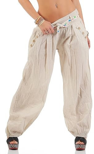 ZARMEXX Haremshose Pumphose mit Gürtel Pluderhose Uni-Farben Ballonhose Aladinhose Harem Hose Sommerhose Yoga One Size (beige, 36-40)