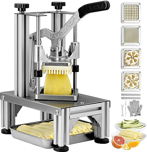 VEVOR Cortador Manual Profesional de Patatas Fritas y Verduras Con 4 Cuchillas de Acero Inoxidable 6,4/9,5 mm y Cortador de Manzanas de 6 Cuartos Para Cocinas