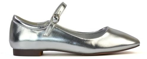 ESSEX GLAM Womens Mary Jane Ballet Shoes Ladies Flats Buckle Strap Square Toe Silver Metallic Dolly Pumps Size 8