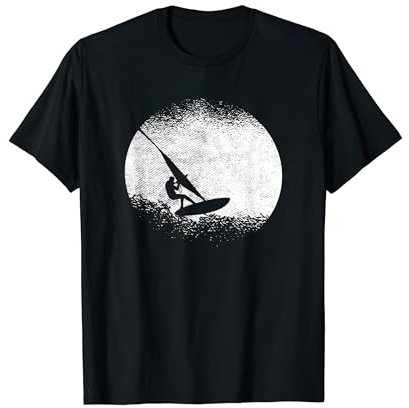 Windsurfen Surfbrett Surfen Wellen Vollmond Windsurfer T-Shirt Schwarz Unisex Klein EU S Kurzarm Klassische Passform Polyester 100% Casual Surfing T-Shirt Frauen Weihnachten Geburtstag