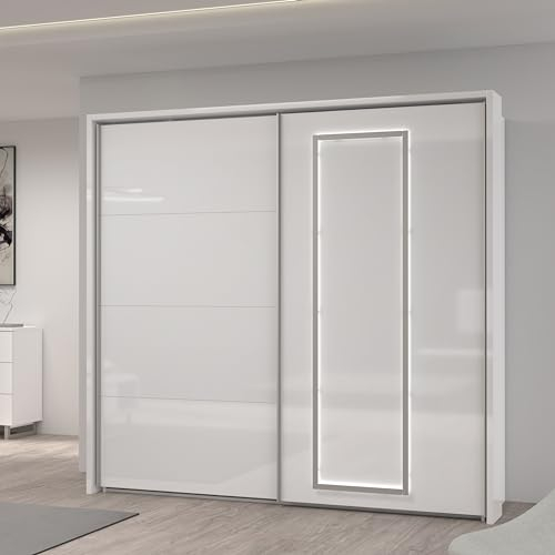 FORTE Sirius Crown Schrank 230 240, Kleiderschrank mit LED Beleuchtung, Schwebetürenschrank Modern Schlafzimmer 2-türig, Weiß/Weiß Hochglanz, 231 cm breit x 216 cm hoch x 64 cm tief