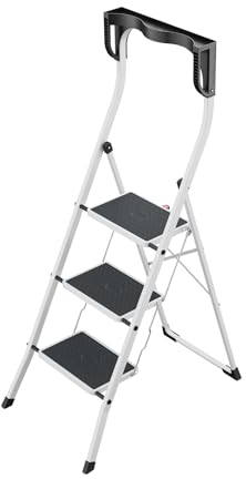 Hailo K75 ComfortLine Klapptritt - 3-stufige Trittleiter aus Stahl mit Sicherheitsbügel und Ablageschale - Arbeitshöhe bis 2,69 m - Gewicht: 6,8 kg - Weiß