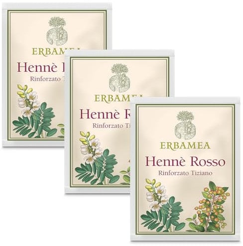 3x Erbamea - Hennè ROSSO RINFORZATO TIZIANO - Busta da 100 gr - A base di polvere di Lawsonia inermis - Pacchetto da 3 buste da 100 gr l'una + in OMAGGIO 2 Tisane Funzionali Viropa