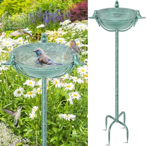 FaloStwer Metall Vogelbad Garten für Wildvögel Wassertränke Mit 3 Vogelskulpturen, Vogeltränke Futter Schale Wasserstelle Stehend, Vogelbad Futterstelle für das Blumenbeet oder (Retro Grün)
