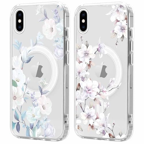 Foonary 2 Pack Transparent Cover Magnetic for iPhone X/XS 5.8, with Flower2 Aesthetics Pattern Case Compatible with MagSafe Magnetic Wireless Charging, Bumper Silicone Hard PC Cases