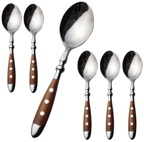 Alata Cucchiai da zuppa, 6 pezzi, in acciaio inox, cucchiai, manici marroni, cucchiai lucidati a specchio, posate per casa, ristorante, hotel, uso quotidiano, serie Berlin