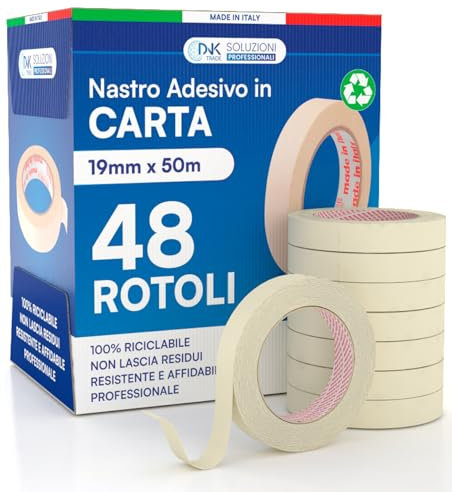 DNK TRADE Nastro di Carta - 48 Rotoli di Nastro da Imbianchini 19mm x 50m - Carta Gommata Professionale 19x50 Riciclabile per Mascheratura Pittura e Imbiancatura
