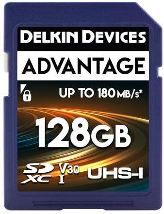 Delkin Devices Advantage SDXC-Speicherkarte UHS-I, 128 GB, bis zu 100 MB/s Schreiben, 180 MB/s Lesen, Speicherkarten für Kameras mit C10, U3, V30, 4K UHD, SD-Karte in voller Größe