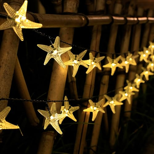 DINOWIN LED Lichterkette 9.8ft 20 LED Seestern Feenbeleuchtung Batterie Maritime Fischernetz Deko Garten Bad Badezimmer Schlafzimmer Hochzeit Party Deko (Warmweiß)