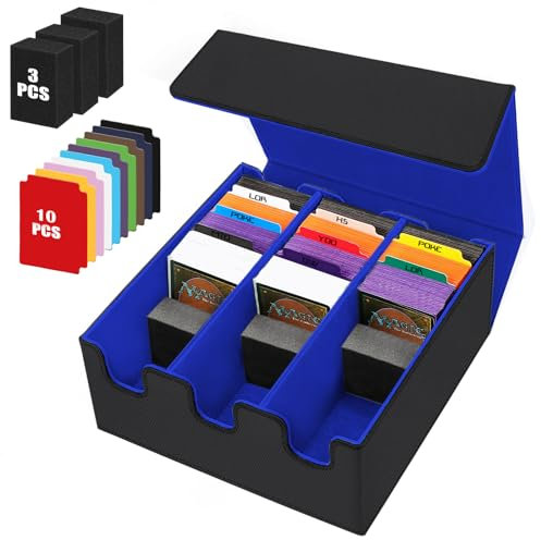 HIMOMO Card Storage Box for Trading Cards, 2100+ PU Leather Card Deck Box, Magnetic Closure Card Case with 10 Colorful Divider & 3 Foam Dividers Fit for Mtg, Sports Cards (Blue)