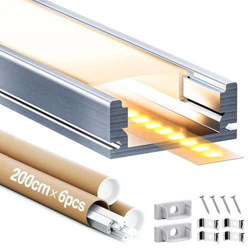 GEEKLUX Aluminium Profil 6 × 2M, LED U-Form Schiene für Den Innenbereich 17.4 × 7mm, Mit Milchig Weißem Diffusor, Kanal für Streifen und Strips bis 12mm