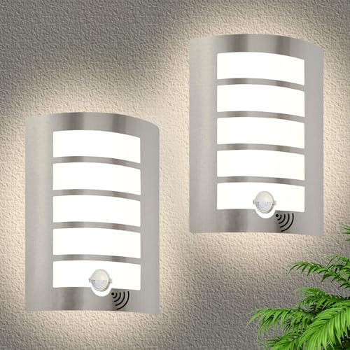 HiBay 2er Set Aussenlampe mit Bewegungsmelder E27 Wandleuchte IP44 Eckig Außenlampe Edelstahl ABS für Hauswand Balkon Treppenhaus Beleuchtung (Ohen Glühbirnen)