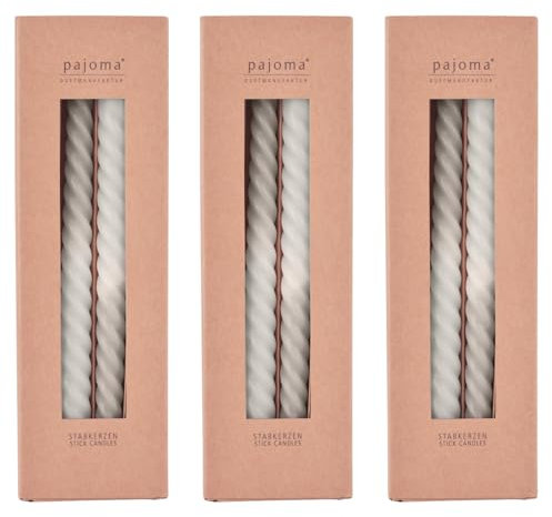 pajoma® Gedrehte Stabkerzen Grau-Beige 12 Stück | Hochwertige Drehkerzen - 45g Wachsgewicht, ca. 5 Std. Brenndauer, 250 x 20 mm | Premium Spiralkerzen, Twisted Kerzen, Wendekerzen