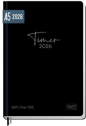 Häfft-Timer Buchkalender 2026 A5 Black Edition JANUAR - DEZEMBER 2026, Hardcover Kalender, Terminplaner für junge Erwachsene - nachhaltig & klimafreundlich