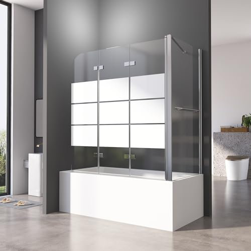 Duschwand für Badewanne mit Seitenwand 3-teilig Faltbar 70 x 120 x140 cm,Gestreift Duschaufsatz für Badewanne Faltbar 6mm Nano Beschichtung Badewannenfaltwand,Silber Aluminiumrahmen