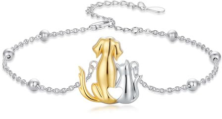 AOBOCO 925 Sterling Silber Niedliches Freundschaftsarmband mit Hund und Katze Verstellbar Schmuck zum Geburtstag Geschenke für Frauen