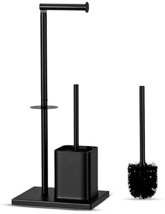 Free-Standing Stainless Steel Toilet Paper Roll Holder Stand with Brush & Holder Toilet Paper Extra Rolls Holder, Matte Black Toilet Brush with Roll Holder Bathroom Accessories