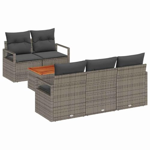 vidaXL 6-teiliges Gartensofa-Set mit Kissen in Grau aus Poly Rattan und Akazie – wetterfeste Outdoor-Möbel für die Terrasse, Lounge, Patios und den Poolbereich.