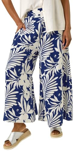 Roman Originals Culotte Trousers for Women UK - Ladies Wide Leg Cropped Pants Tie Detail Bottoms Vintage Retro Smart Flared Slimming High Waist 1940s Party Regular - Royal Blue White - Size 12