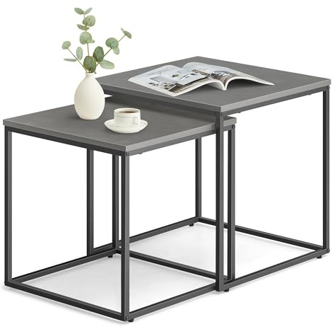 FORTENA Set mit 2 Couchtischen Beistelltisch Wohnzimmertisch Schwarz oder Gold Metall Quadratisch (Beton – Schwarze Tischbeine)